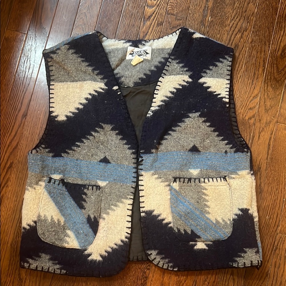 Vintage Ride Blue‎ Aztec Western Wool Cotton Lined Vest Sz M